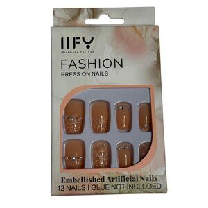 Nude French Tip Press On Nails Gold Crosshatch Pearl Accents